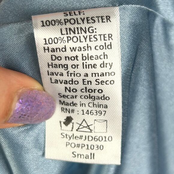 Endless Blu Tiered Ruffle 3/4 Sleeve Dress Tie Neck Blue Floral Tie Neck Mini S - Picture 13 of 13